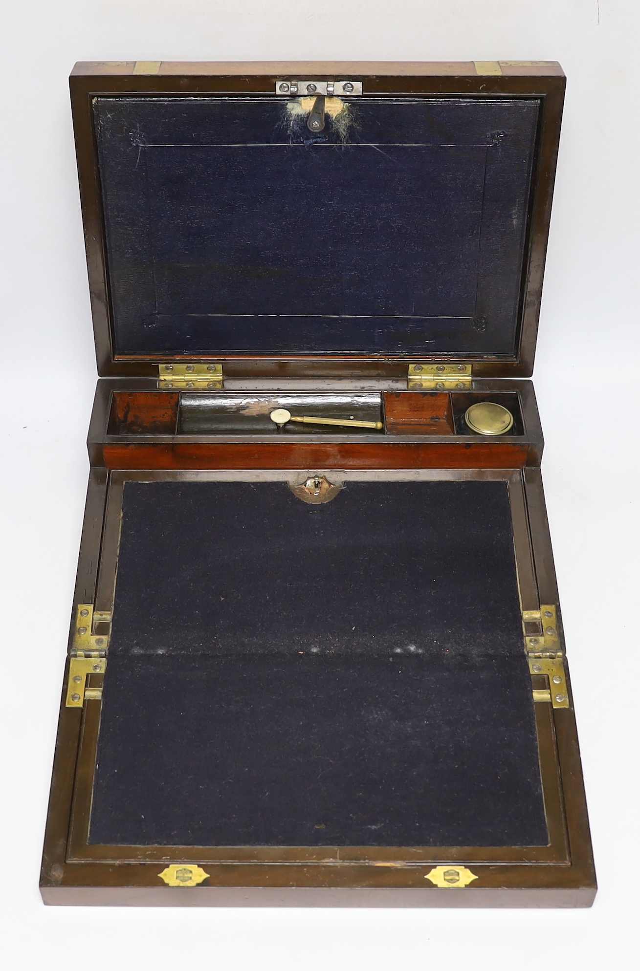 A 19th century brass bound mahogany writing slope, 35cm wide x 13.5cm high x 25cm deep